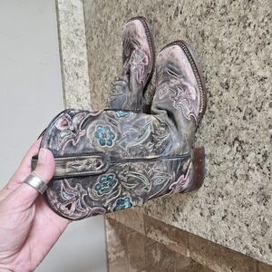 Dan Post Distressed Leather Boots with Pink and Teal Embroidery